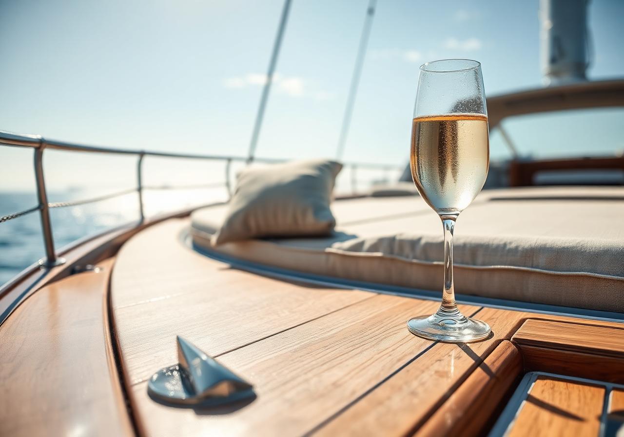 Linen cushions and a glass of champagne on a teak yacht deck